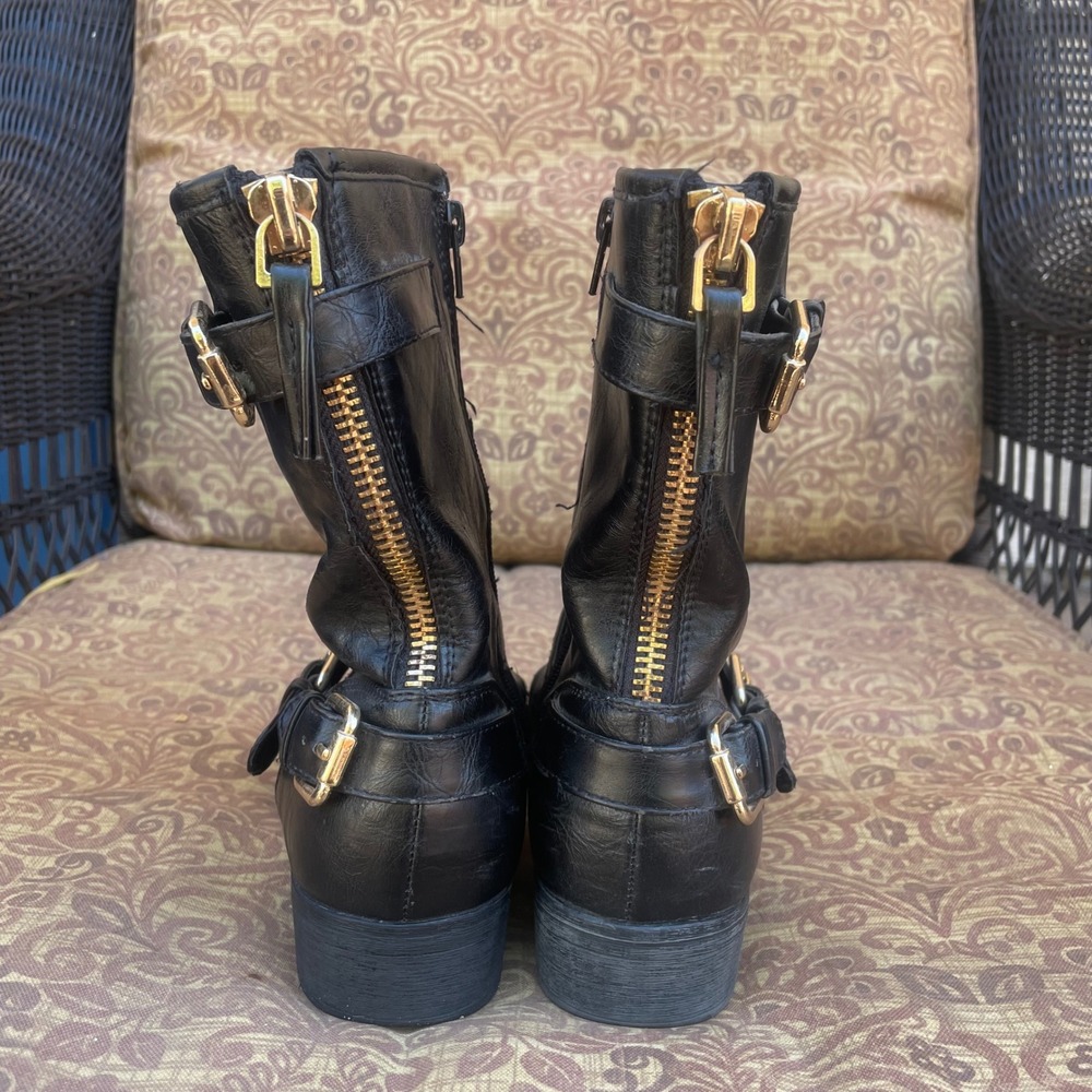 Women Boots Sz 9 Moto Combat Buckle Harness Biker Mid Calf Engineer Black Chunky - Picture 9 of 10